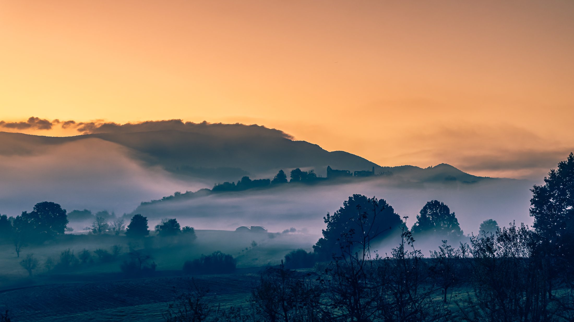 Hochburg Castle Ruins in Early Morning Fog, Emmendingen